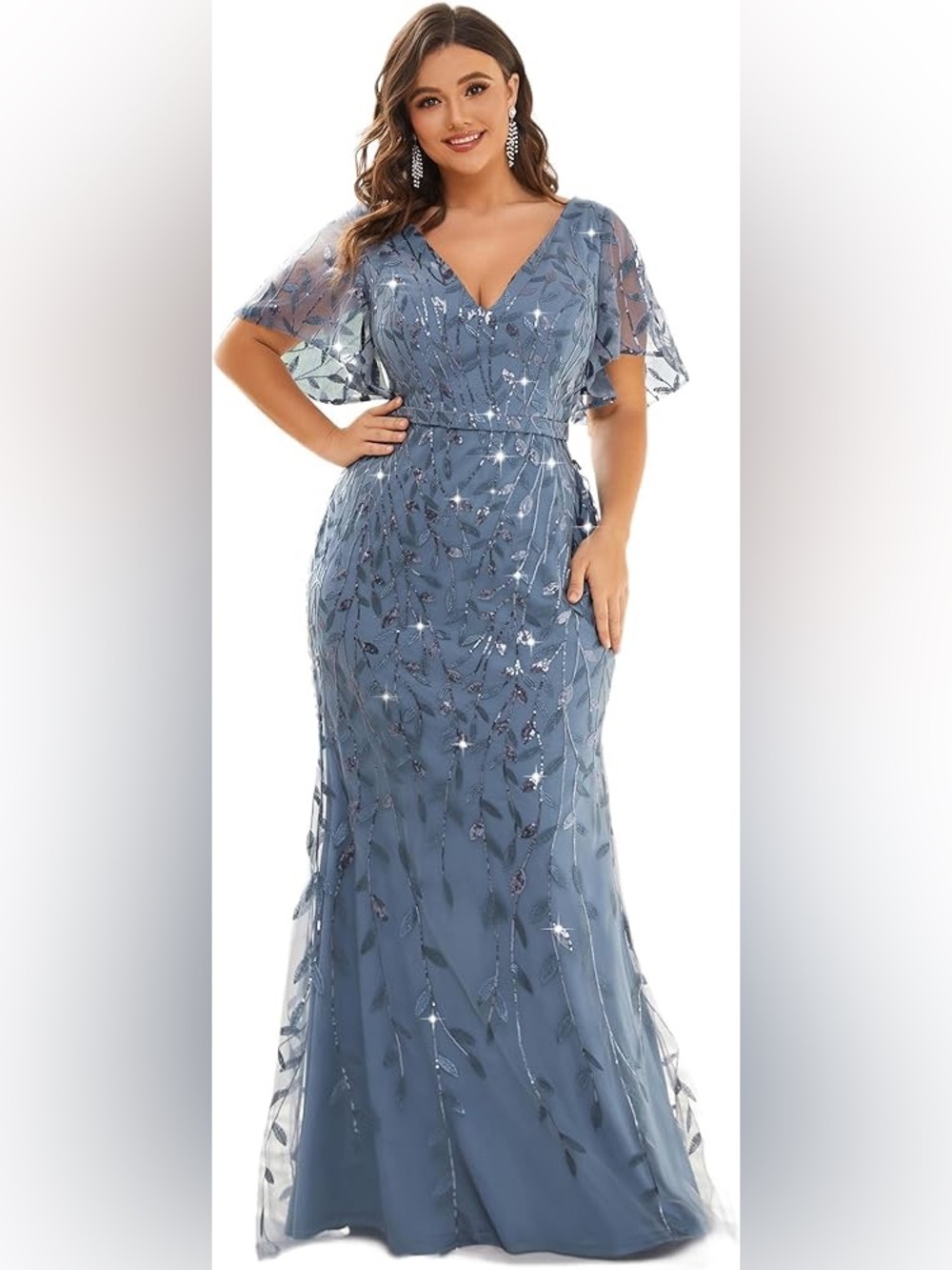 Ever-Pretty Dusty Navy Sequin Formal  V-Neck Ruffles Sleeves Embroidery Dress